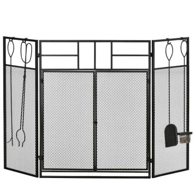 HOMCOM Salvachispas Plegable Pantalla Protectora de Chimenea 3 Paneles con Doble Puerta 4 Herramientas y Ganchos Estructura de Metal 122x2x79 cm Negro