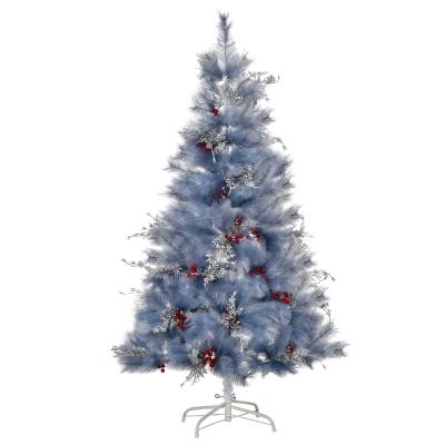 HOMCOM Árbol de Navidad 150 cm Artificial Árbol de Pino Navideño con 222 Ramas Ignífugas Bayas Decorativas Hojas Plateadas Base Plegable y Soporte de Metal Gris
