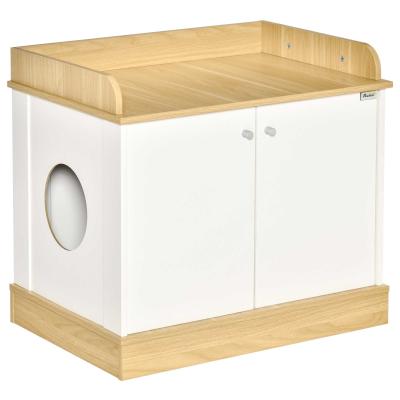 PawHut Casa para Gatos de Madera Mueble Arenero para Gatos 2 en 1 con Estante de Almacenaje Doble Puerta y Orificio de Entrada Lateral 75x53x67 cm Blanco y Roble