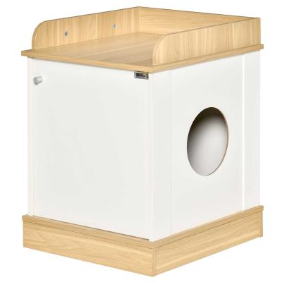 PawHut Casa para Gatos de Madera Mueble Arenero para Gatos 2 en 1 con Estante de Almacenaje Puerta y Orificio de Entrada Lateral 48,5x53x67 cm Blanco y Roble