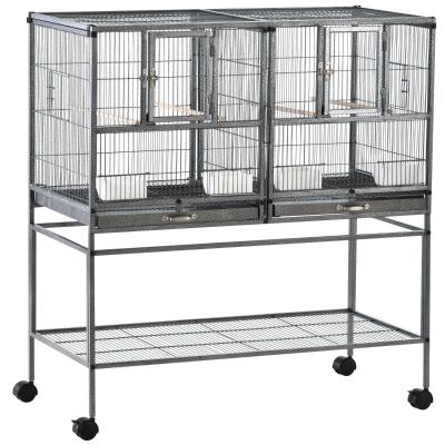 PawHut Doble Jaula Individual para Pájaros Pequeños Jaula Grande para Aves con 4 Ruedas Bandejas Múltiples Puertas 4 Comederos 4 Perchas 95x45,5x102cm