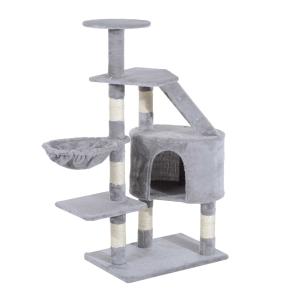 PawHut Rascador Árbol para Gatos con Postes Escalera Cueva Espaciosa Hamaca Plataformas Centro de Actividades Sisal Natural 55x40x125cm Gris