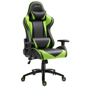 Vinsetto Silla Gaming Ergonómica Silla de Juego Giratoria Ajustable en Altura con Reposabrazos Regulable Reposacabezas y Cojín Lumbar Cuero Sintético 73x71x128-136 cm Verde