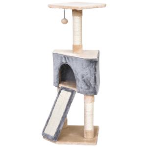 PawHut Rascador Gato con Cueva Juguete Colgante Rampa Rascador y Posters Rascadores Cuerda de Sisal 40x40x98 cm Gris y Beige