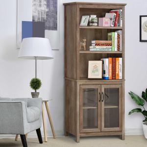 HOMCOM Armario de Almacenaje con Puertas Vidrio Estante Abierto de 3 Niveles Estantes Ajustable 76x40x180 cm Grano de Madera