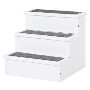 PawHut Escalera para Mascotas 3 Peldaños con Espacio de Almacenaje y Alfombra Antideslizantes Portátil Madera para Vehículo Carga 30 kg 40,5x44,5x38 cm Blanco