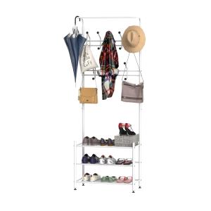 HomCom Perchero Metálico Colgador de Ropa Colgador Zapatero para Ropa y Zapatos Perchero Pie 18 Ganchos 3 Estantes 67x30x185cm Blanco