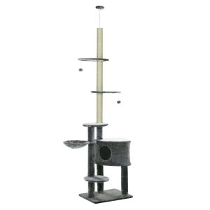 PawHut Árbol Rascador para Gatos de 220-245 cm Altura Ajustable al Techo con Plataformas Bolas de Juego Poste de Sisal Natural Gris Oscuro