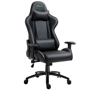 Vinsetto Silla Gaming Ergonómica Silla de Juego Giratoria Ajustable en Altura con Reposabrazos Regulable Reposacabezas y Cojín Lumbar Cuero Sintético 73x71x128-136 cm Negro