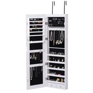 HOMCOM Espejo Joyero Colgante de Pared o Puerta con LED 5 Estantes 2 Cajones Pequeños 37x120x10cm