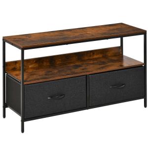 HOMCOM Mueble de TV de hasta 47" Mesa de TV Estilo Industrial con Estante y 2 Cajones de Tela Plegables para Salón Dormitorio 98x29x56 cm Marrón Rústico y Negro