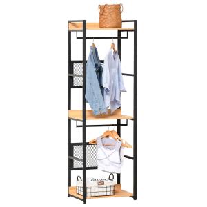 HOMCOM Perchero de Entrada 2 en 1 con 3 Estantes de Almacenaje y 2 Barras Colgar Ropa para Pasillo Dormitorio Sala de Estar 60x40x190 cm Negro Madera Natural