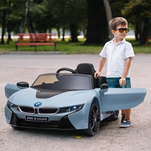 HOMCOM Coche Eléctrico BMW I8 COUPE con Licencia para Niños de +3 Años Batería 6V Control Remoto y Manual con Música Bocina y Faros 115x72,5x46cm Azul