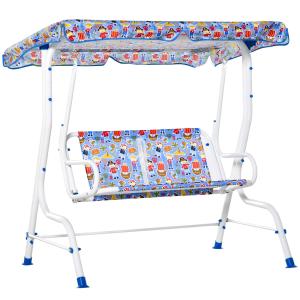 Outsunny Balancín de Niños para Jardín de 2 Plazas +3 Años con Toldo Ajustable en Ángulo Cinturones de Seguridad y Patron Lindo al Aire Libre 110x70x110 cm Azul