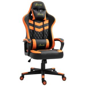 Vinsetto Silla Gaming Silla de Escritorio de Oficina Ergonómica Altura Regulable Basculante con Reposacabezas Cojín Lumbar 61x70x121-129 cm Naranja