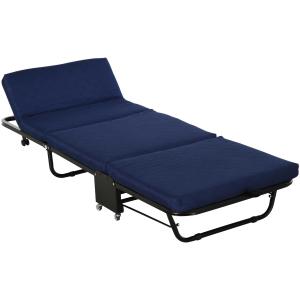 HOMCOM Cama Plegable Portátil Ahorro de Espacio con Cabecera Ajustable en 5 Niveles de ángulo 5 Ruedas Universales Carga Máx 120 kg 184x65x26 cm Azul
