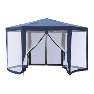 Outsunny Carpa Gazebo 3,9x2,5m tipo Cenador Hexagonal con Mosquitera para Jardín y Terraza φ3.9m de Poliéster Repelente al Agua Color Azul