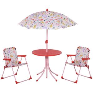 Outsunny Set Infantil de Mesa Ø50x46 cm 2 Sillas Plegables 39x38x52 cm y Sombrilla Ajustable Ø100x100-125 cm para Niños de +3 Años Jardín Exterior Rojo