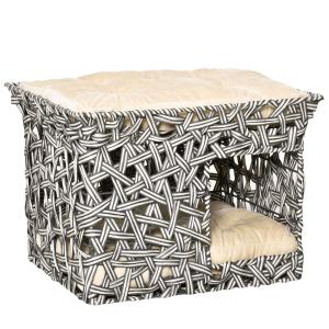 PawHut Cesta de Ratán para Gatos de 2 Pisos Cueva Cama de Gato Tipo Caseta con 2 Cojines Suaves Estructura de Metal 51x42x37 cm Gris y Beige