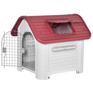 PawHut Caseta para Perro con Puerta Extraíble Base Elevada 3 Respiraderos y Ventana Abrible Caseta de Perros para Interior y Exterior 72x87x75 cm Gris Rojo