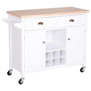 HOMCOM carrito auxiliar cocina con Ruedas Isla de Cocina Multiusos con Cajones Botellero Armarios Cerrados y Estante Cajón Blanco 113x45x89cm