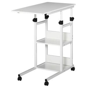 HOMCOM Mesa Auxiliar de Sofá Mesa Lateral en Forma de C con 4 Ruedas Giratorias Frenos Altura Ajustable 3 Niveles Marco Metal 80x40x72-82 cm Blanco