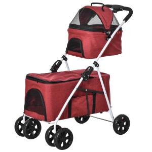 PawHut Cochecito para Mascotas Plegable Carrito para Perros Desmontable con 2 Niveles Ruedas Giratorias Frenos Ventana para Perros Gatos Pequeños 82x48x100 cm Rojo