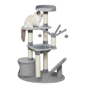 PawHut Árbol Rascador para Gatos con Hamaca Plataformas Juguetes Colgantes de felpa Suave y Postes para Rascar de Sisal Natural 80x55x122 cm Gris