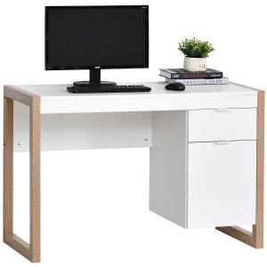 HOMCOM Mesa de Escritorio Mesa de Ordenador Espacioso con Cajón Armario Patas de Forma Rectangular Decoración Adicional 112,5x50x75,5 cm Blanco