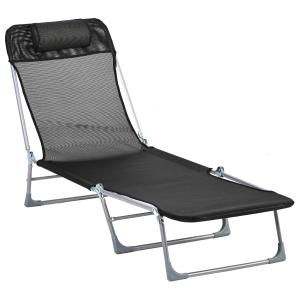 Outsunny Tumbona Plegable y Reclinable de Jardín con Reposacabezas y Respaldo Ajustable en 5 Niveles Tela de Textilene Transpirable 182x56x24,5 cm Negro