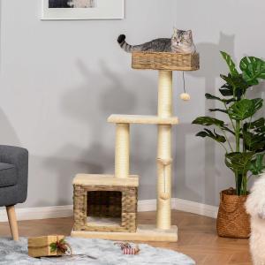 PawHut Rascador Árbol para Gatos 60x40x109 cm con Plataformas Cueva Cama Bolas de Juego y Postes de Rascar de Sisal Natural Beige y Marrón