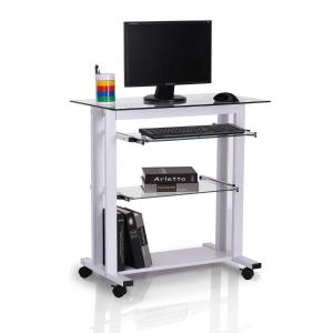 HOMCOM Mesa de Ordenador PC con Ruedas Mueble Auxiliar con Encimera y Estantes de Cristal para Oficina Despacho Dormitorio 80x51x83cm Blanco