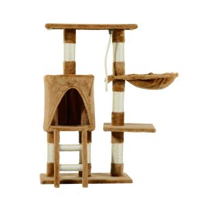 PawHut Árbol para gatos Rascador con Nido Plataforma Caseta Escalera Cuerda de Juego 30x55x96cm Tablero de Madera y Cubierto de Felpa Marrón
