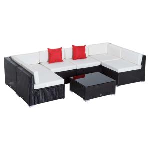 Outsunny Conjunto de Muebles para Jardín de Ratán 7 Piezas Set de Sofás y Mesita de Centro Color Marrón con Almohadas Blanco Crema y Cojines Decorativos Rojos para Patio Terraza