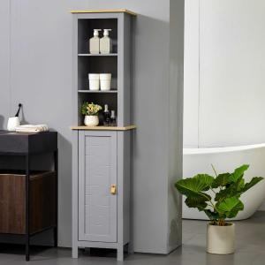 kleankin Armario Alto de Baño Mueble Columna Estrecho Moderno con 1 Puerta Estante Ajustable y 3 Compartimentos Abiertos 39x30x168 cm Gris