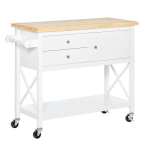 HOMCOM Carrito de Cocina Carro de Servicio Multifuncional con Ruedas 2 Cajones Armario Estante Inferior y Barra Aparador Auxiliar 108x45x89 cm Blanco