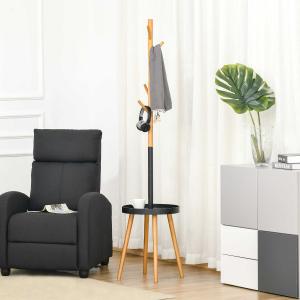 HOMCOM Perchero de Pie con Mesita Auxiliar Redonda y 5 Ganchos con Altura Regulable Colgador de ropa para Abrigos Sombreros Bolsos 40x40x179 cm Madera Natural y Negro
