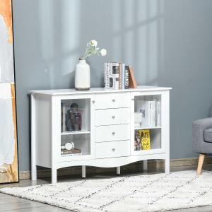 HOMCOM Aparador de Cocina Armario Buffet con 2 Puertas de Vidrio Estante Ajustable Interior y 4 Cajones Mueble Auxiliar para Comedor Salón 136x45x85 cm Blanco
