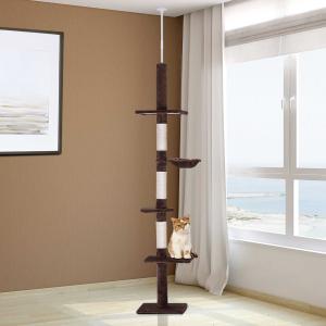 PawHut Árbol Rascador para Gatos Árbol Escalador de Gato para Fijar al Techo Altura Ajustable con Plataformas Hamaca y Postes de Sisal 40x34x230-260 cm Marrón