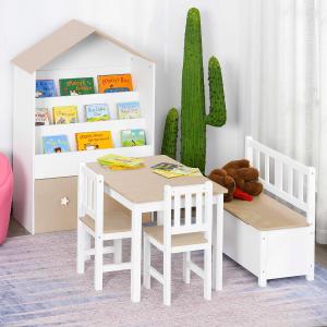 HOMCOM Conjunto Infantil de Mesa Banco y 2 Sillas de Madera con Espacio de Almacenamiento Muebles Infantiles para Sala de Juegos Habitación de Niños Blanco y Natural