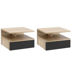 HOMCOM Set de 2 Mesitas de Noche Flotantes con 1 Cajón y Estante 35x32x22,5 cm Roble