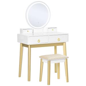 HOMCOM Tocador con Espejo Taburete Mesa de Maquillaje con Luz LED Ajustable y 4 Cajones