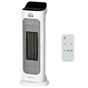 HOMCOM Calefactor Cerámico 1000W/2000W con Mando a Distancia Pantalla LED 3 Modos de Viento Temporizador de 8H Termostato y Oscilación 42° para 25 m² 17,6x13,7x50 cm Blanco
