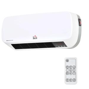 HOMCOM Calefactor Cerámico de Pared 1000W/2000W con Mando a Distancia 3 Modos de Viento Temporizador de 12H Termostato y Sistema Antivuelco para 25 m² 45x18,6x11,5 cm Blanco