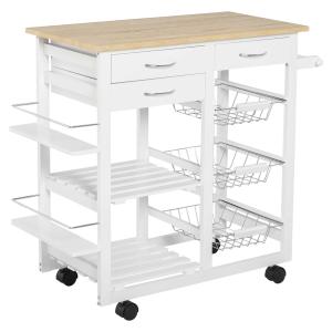 HOMCOM Carrito de Cocina Carro de Servicio Multifuncional con Cajones Cestas Estantes para Especias Toallero Ruedas 92x37x82 cm Blanco