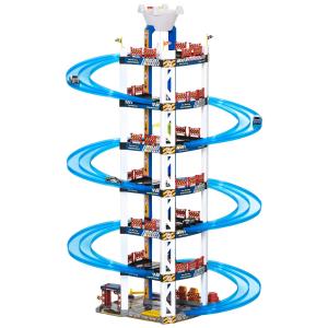 HOMCOM Parking Infantil de 7 Plantas Garaje de Juguete Incluye Ascensor Eléctrico con Luz y Sonido Doble Pista y 4 Coches de Carreras para +3 Años 64x59x113 cm Azul y Blanco
