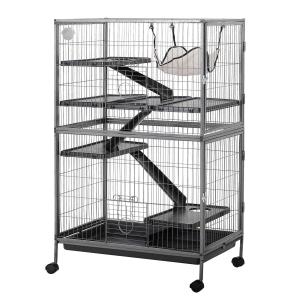 PawHut Jaula Grande para Roedores 80x52x128 cm Casa de 4 Alturas con Rampas Hamaca Colgante Bandeja Extraíble Ruedas Puertas Gris Plateado