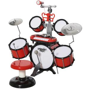 HOMCOM Tambor Infantil Instrumentos Musicales Infantiles Batería Juguete con Taburete Micrófono Idea de Regalo para Niños +3 Años 77,5x40x76,5 cm Rojo