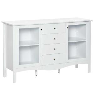 HOMCOM Aparador de Cocina Armario Buffet con 2 Puertas de Vidrio Estante Ajustable Interior y 4 Cajones Mueble Auxiliar para Comedor Salón 136x45x85 cm Blanco