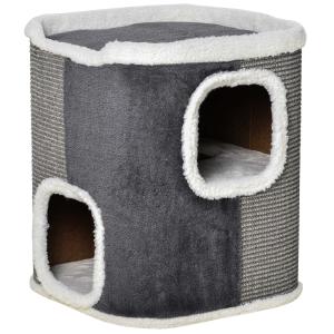 PawHut Barril Rascador para Gatos de 2 Niveles con Cuevas de Sisal Felpa Suave y Plataforma de Vellón 40x40x49 cm Gris